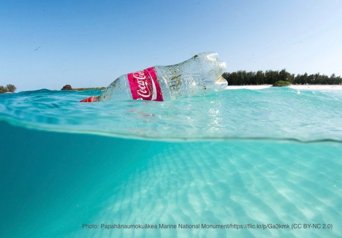 海に浮かぶペットボトル（コカコーラ）